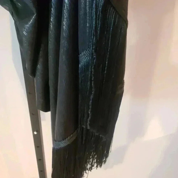 Lulus Dream Big Metallic Black Puff Sleeve Fringe Wrap Dress - Picture 3 of 8